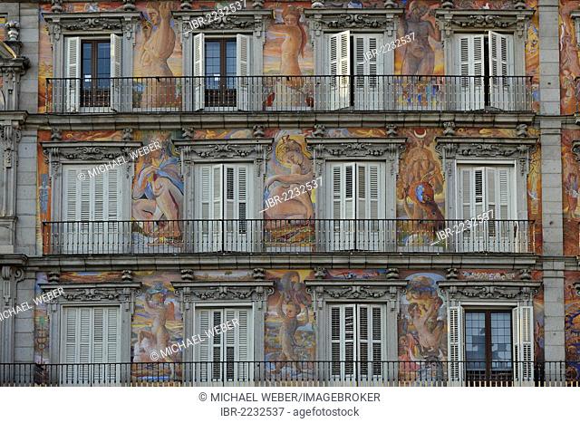 Mural paintings on the Casa de la Panaderia building, bakers' house, Plaza Mayor square, Madrid, Spain, Europe, PublicGround