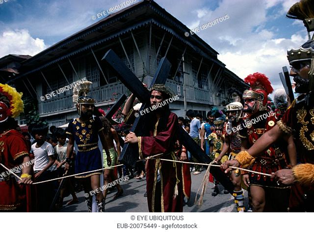 Moriones Festival passion play re-enactment of the story of the Roman soldier Longinus and the crucifixtion of Jesus on Good Friday