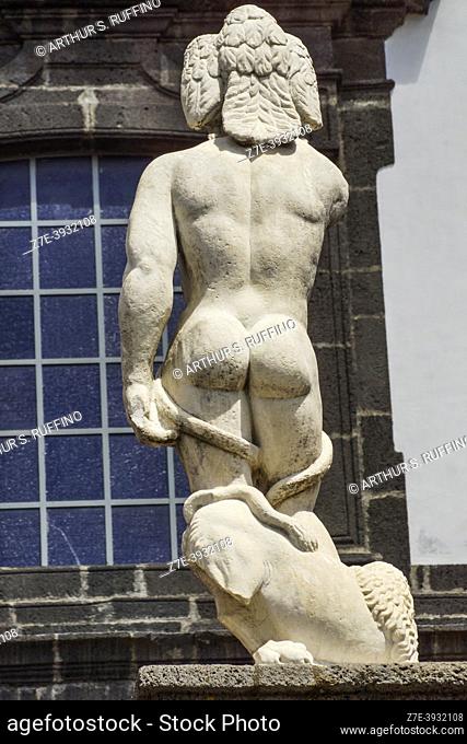 Statue symbolizing Old Randazzo (Randazzo Vecchio), rear view. St. Nicholas Square (Piazza San Nicola). Randazzo, Metropolitan City of Catania, Sicily, Italy