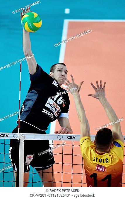 Wouter Ter Maat of Berlin Recycling Volleyes, left, and Slawomir Stocl of Dukla Liberec in action during the Men's Volleyball Champions' League 3rd round B...