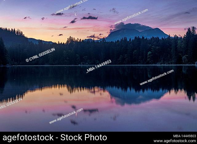 View across Hintersee towards Kehlstein at dawn, Ramsau, Bavaria, Germany
