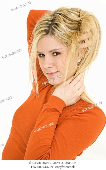 Young woman posing on white background