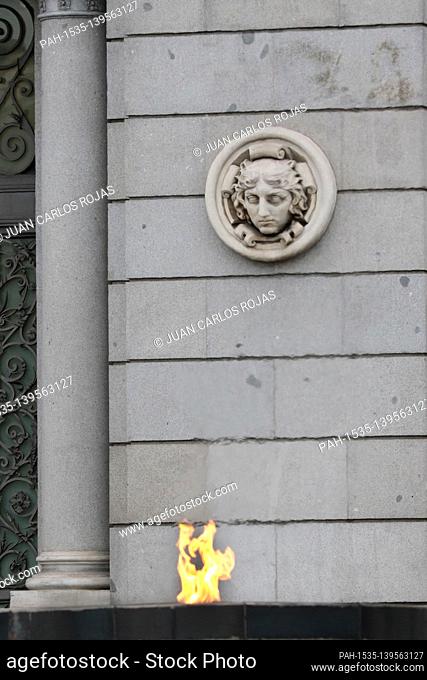 Madrid, Spain; 02/02/2021.- Details of the building of the Bank of Spain and the Permanent Flame for the victims of the Covid-19 Pandemic