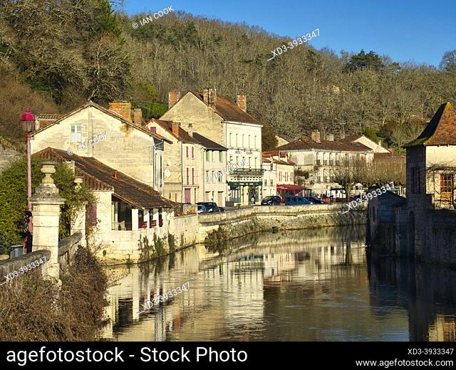 River Dronne and shops, Brantome, Dordogne Department, Nouvelle-Aquitaine, France