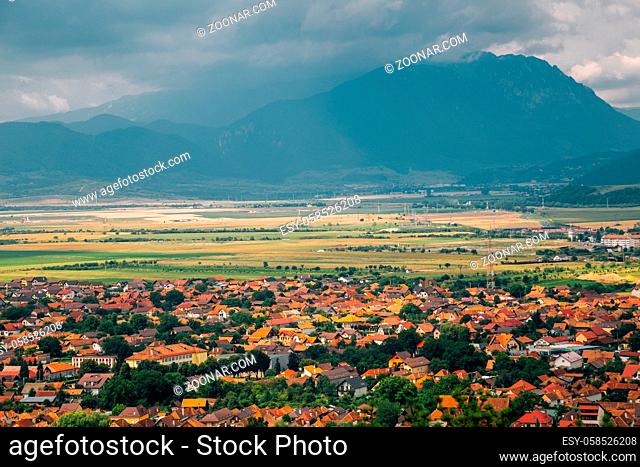 Rasnov old town and mountains panorama view in Rasnov, Romania
