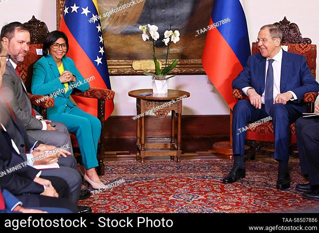 VENEZUELA, CARACAS - APRIL 19, 2023: Venezuela's Executive Vice President Delcy Rodriguez (L back) and Russia's Minister of Foreign Affairs Sergei Lavrov (R)...