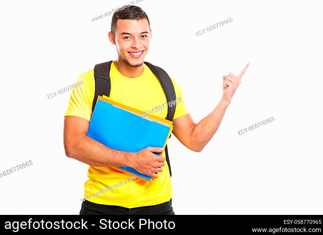 Student young man education showing pointing marketing information ad advert people isolated on a white background