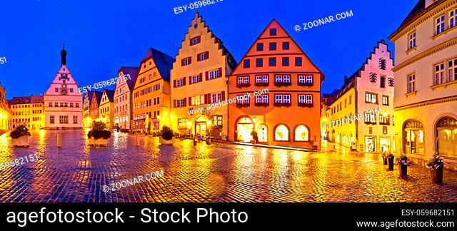 Rothenburg ob der Tauber. Main square (Marktplatz or Market square) of medieval German town of Rothenburg ob der Tauber evening panoramic view