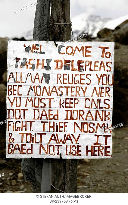 Nearly not understandable sign in English at monastery Tashi Gompa Phu Nar-Phu Annapurna Region Nepal