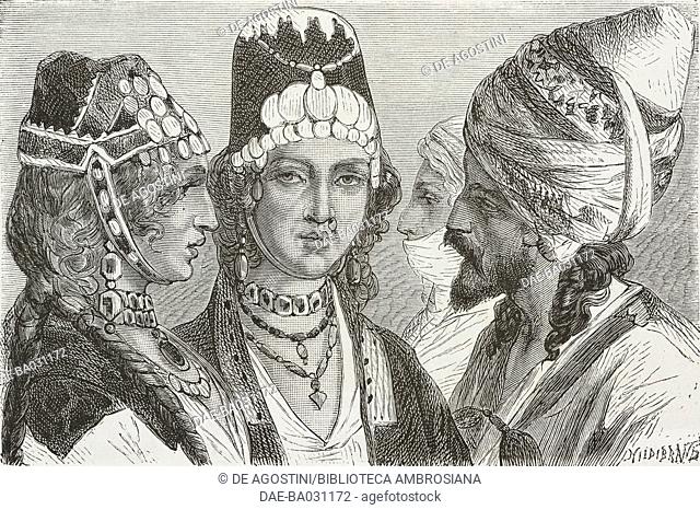 Men wearing turbans and women with Turkish head coverings, Turkey, life drawing by Jules Laurens (1825-1901), from Travels in Lazistan and in Armenia, 1869