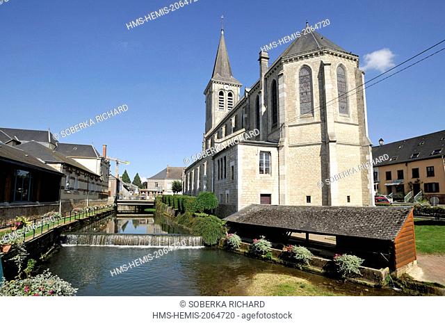 France, Ardennes, Signy l'Abbaye, church Saint Michel with the Vaux river and the old laundry on the side