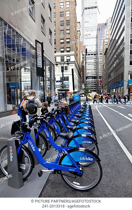 Blue bikes for rent in New York City