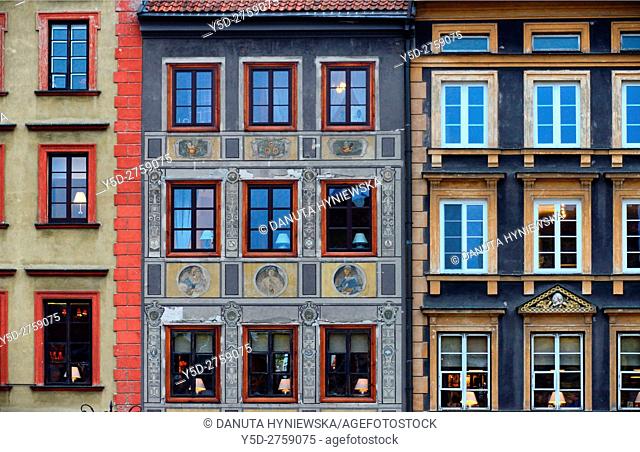 Facades of townhouses, Old Town Market Place, Zakrzewskiego side - Strona Zakrzewskiego, Old Town, UNESCO World Heritage Site, Poland, Warsaw, Poland, Europe