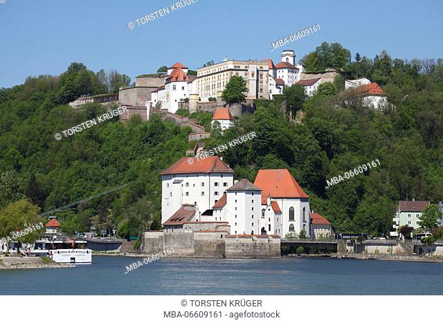 Veste Oberhaus and Veste Niederhaus, Danube, Old Town, Passau, Lower Bavaria, Bavaria, Germany, Europe