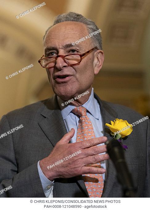 United States Senate Minority Leader Chuck Schumer (Democrat of New York) speaks to the media after attending policy luncheon on Capitol Hill in Washington, DC