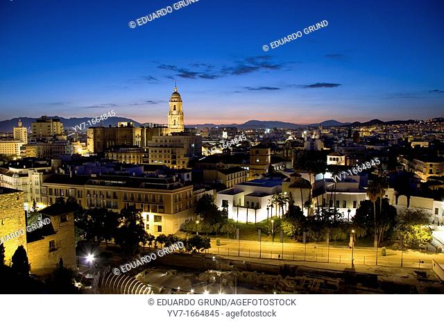 View at dusk from the Alcazaba of Malaga, where he sees the Museo Picasso Malaga Palacio de los Condes de Buenavista, the Cathedral