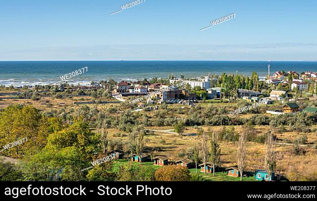 Panoramic top view of the Koblevo resort village near Odessa, Ukraine, on a sunny spring day
