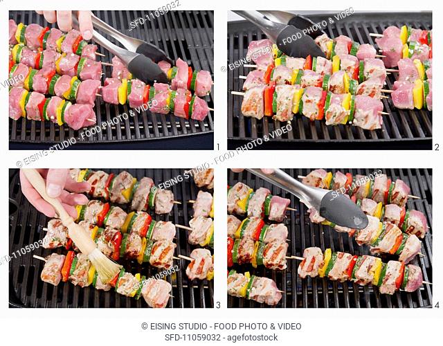 Vegetable and meat kebabs being grilled