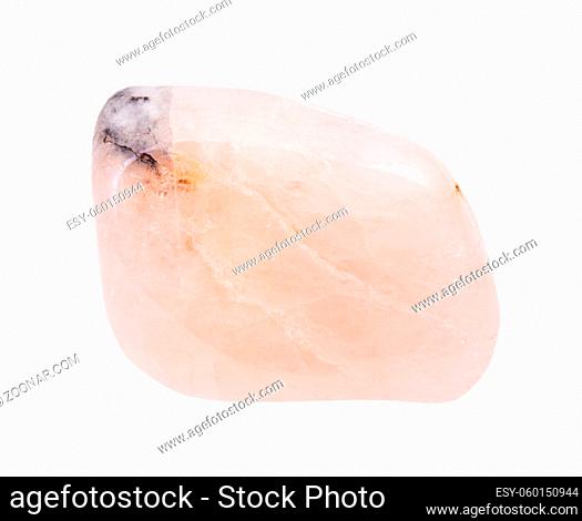 closeup of sample of natural mineral from geological collection - tumbled Morganite (Vorobyevite, pink Beryl) gemstone isolated on white background