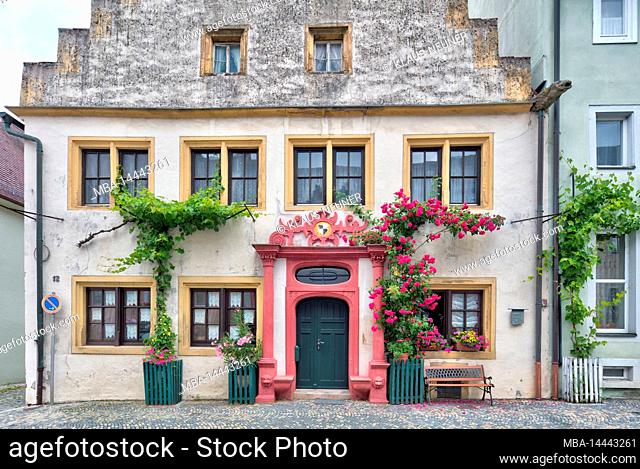 House facade, vines, roses, front door, window, spring, village view, Prichsenstadt, Franconia, Bavaria, Germany, Europe