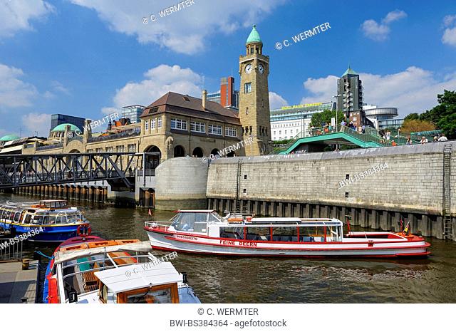 St. Pauli Piers and water level tower of Port of Hamburg, Germany, Hamburg