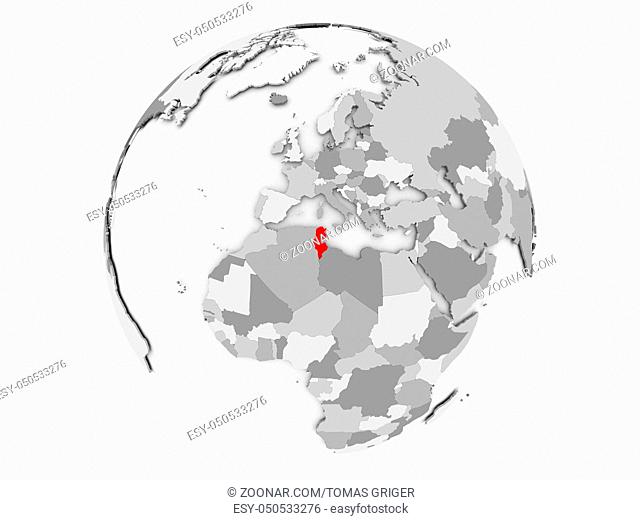Tunisia highlighted in red on grey political globe. 3D illustration isolated on white background