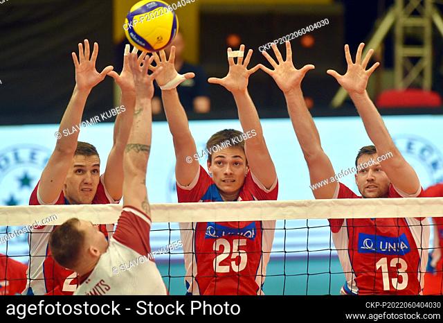 L-R Patrik Indra (CZE), Kristaps Smits (LAT) and Josef Polak and Jan Galabov (CZE) in action during the 4th round of group C of European Volleyball League match...