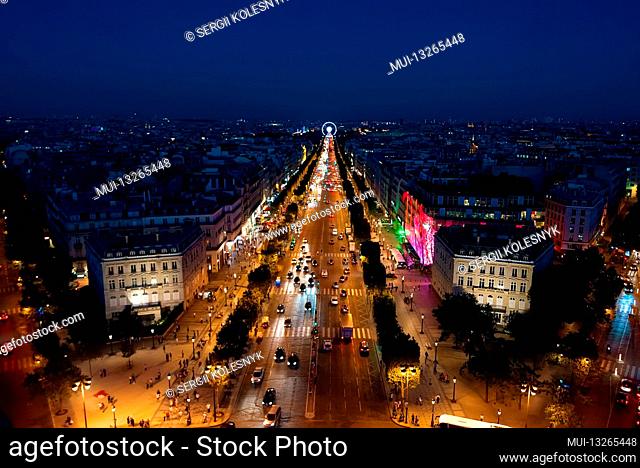 Avenue de Champs Elysees in Paris from above, France