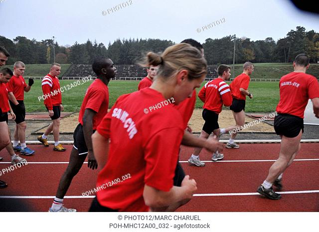 Student officers in the middle of running on the track of the military school of Saint Cyr Coequidan November 2, 2010