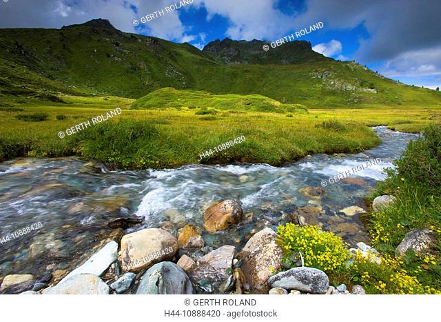 L'Ar du Tsan, Switzerland, Europe, canton Valais, Vallon de Réchy, nature reserve Val d'Hérens, plateau, brook, mountain, clouds