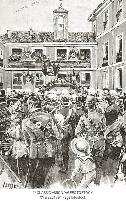 The inauguration of the Cavalry Academy, Valladolid, Spain, in 1852, the building was destroyed by fire in 1915. From La Ilustracion Espanola y Americana