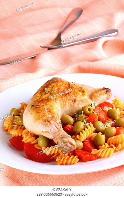 mediterranean noodle with organic chicken drumstick and olive