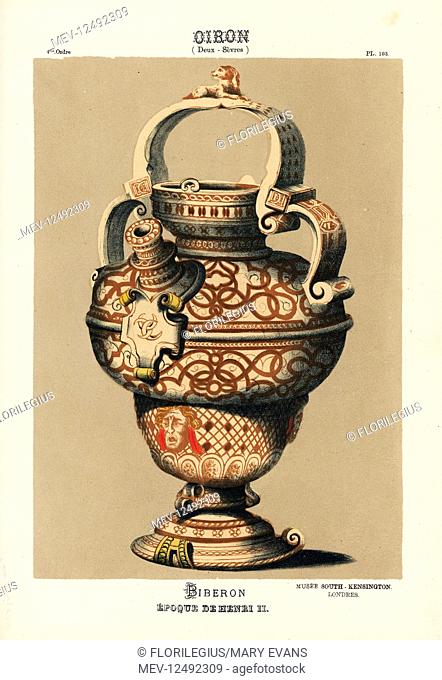 Biberon or bottle from Oiron, Deux-Sevres, France, era of King Henri II, 16th century. Hand-finished chromolithograph from Ris Paquot's General History of...