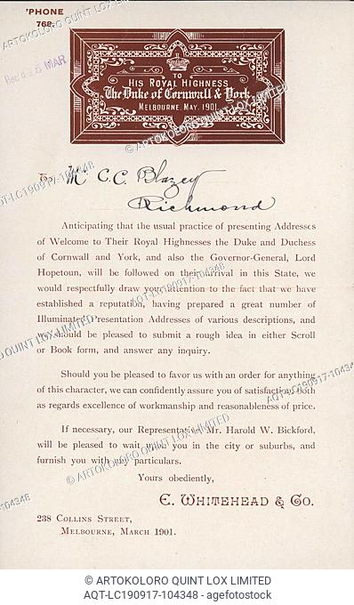 Letter - E. Whitehead & Co, to Mr. C.C. Blazey, 15 Mar 1901, Letter sent to Mr C C Blazey, Town Clerk of Richmond, from E Whitehead & Co