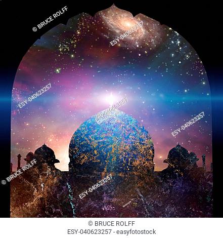 Temple in eastern style. Universe with galaxies on a background