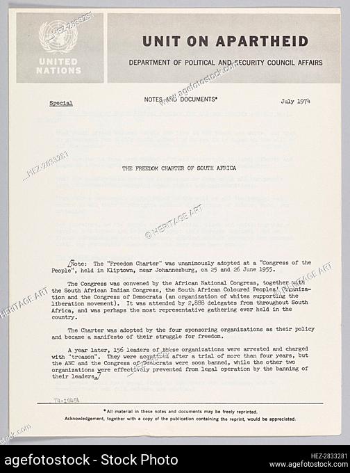Notes from the United Nations on the Freedom Charter of South Africa, July 1974. Creator: Unknown