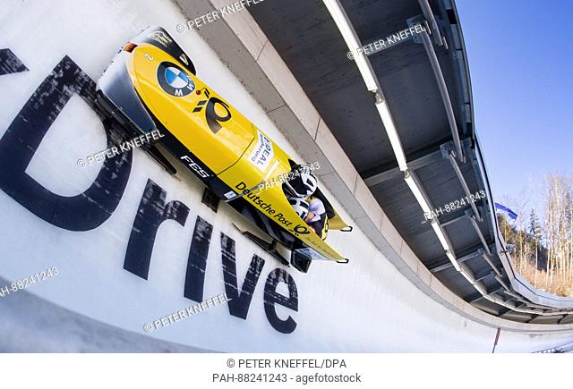 Bobsleigh athletes Nico Waltehr and Eric Franke from Germany in the 3rd lap in Schoenau am Koenigssee in Germany, on 19 February 2017