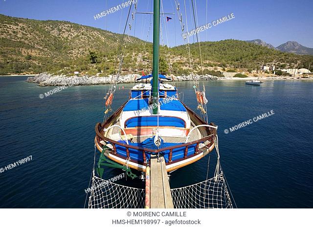 Turkey, Aegean coast, Gulf of Gokova east of Bodrum, Gulet Ilarya traditional Turkish sailing boat