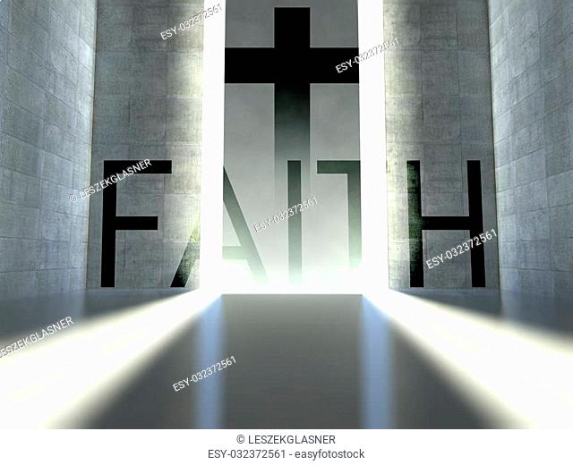 Christian cross on wall in modern interior, concept of faith