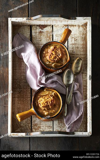 French onion soup on marble surface