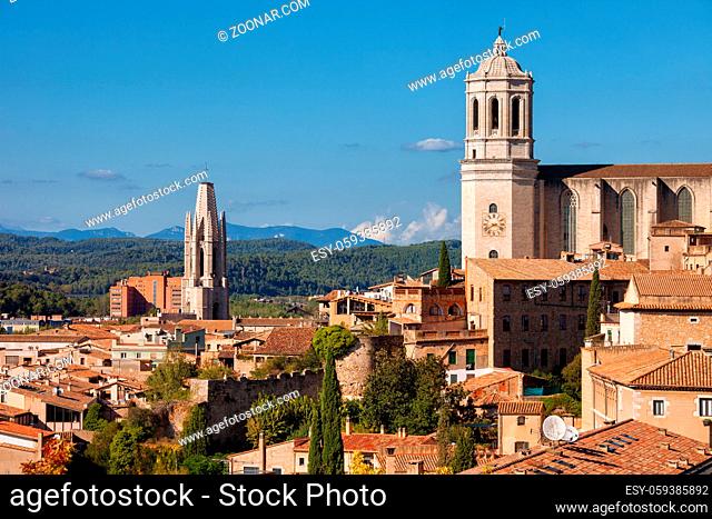 City of Girona cityscape with Cathedral of Saint Mary of Girona (right) and Sant Feliu Basilica (left) in Catalonia, Spain, Europe