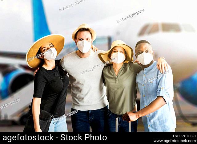 Group Of Friends People Travel In Face Mask. Young Millennial Vacation