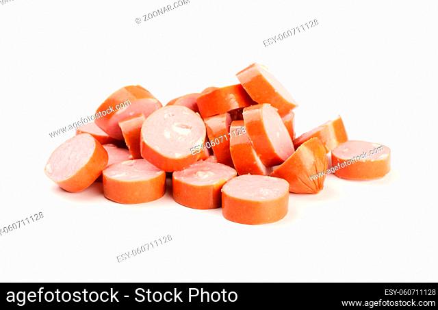 Heap of chopped sausage with cheese isolated on white background