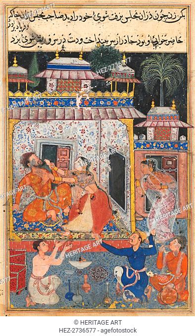 Page from Tales of a Parrot (Tuti-nama): Eighth night: The deceitful wife assaults?, c. 1560. Creator: Unknown