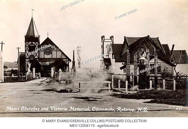 Maori Churches & Victoria Memorial - Ohinemutu, Rotorua, New Zealand - note the abundant geothermal energy in the foreground!
