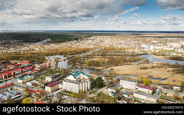 Small Town In Russia. Aerial View Of Small Town. Bird's-eye View. Drone Hyper lapse