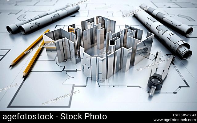 Architectural plans, house model, pencil and compasses. 3D illustration