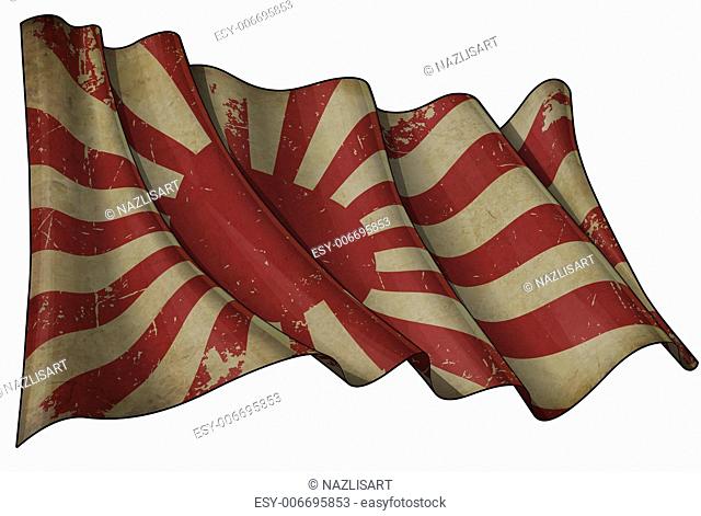 Waving Japan Imperial Navy flag with scratched and aged surface against white background