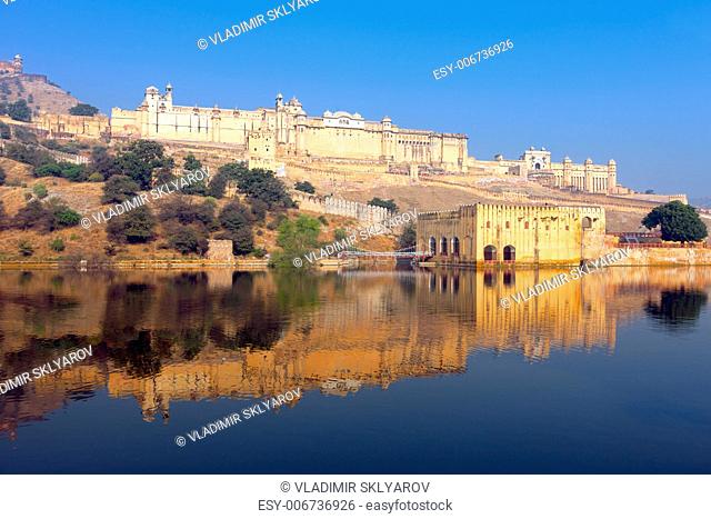 Maota Lake and Amber Fort in Jaipur, Rajasthan, India, Asia