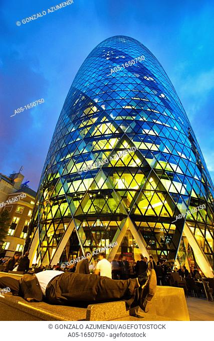 30 St Mary Axe or Swiss Re Building nicknamed The Gherkin by architect Norman Foster  London  England  United Kingdom, UK, Europe